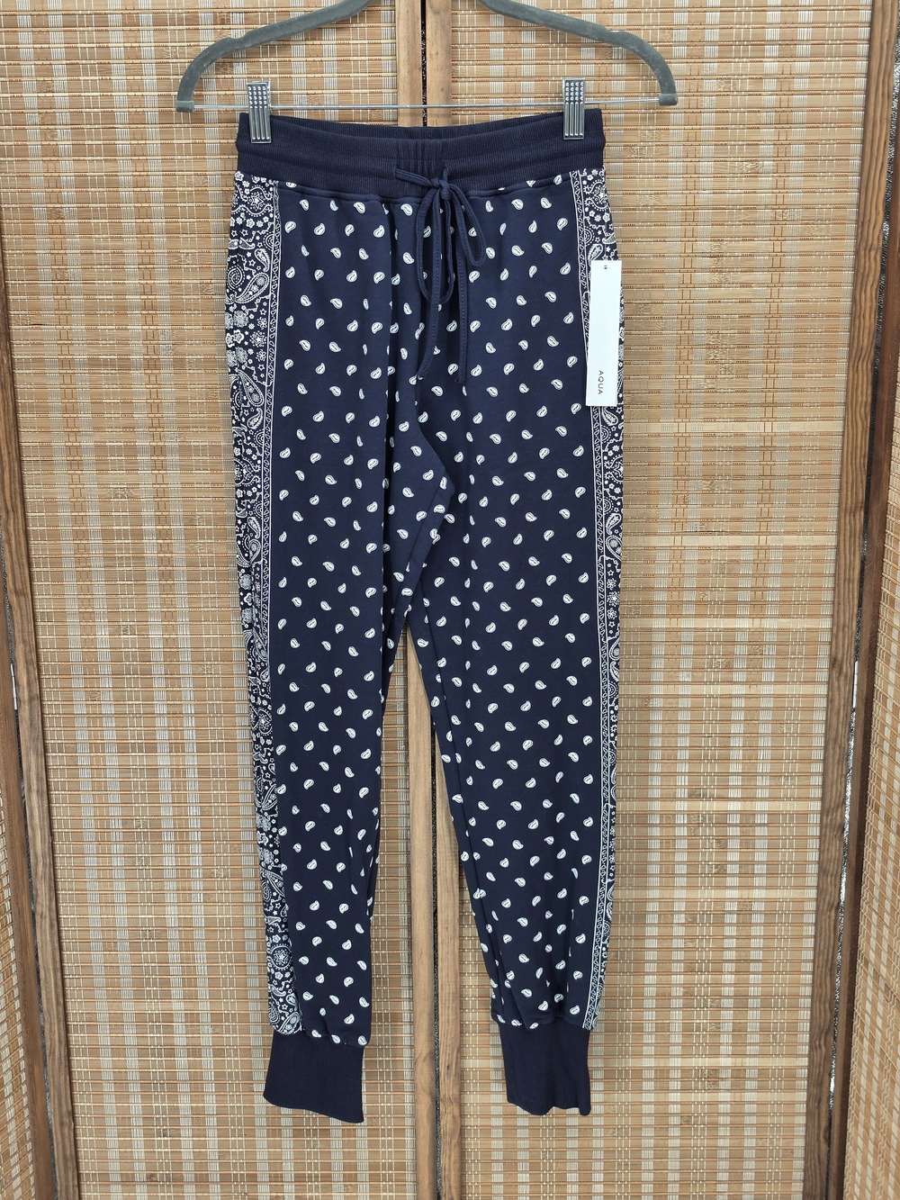 ☆ ​AQUA Paisley Print Mixed Border French Terry Joggers Navy Blue XS NWT